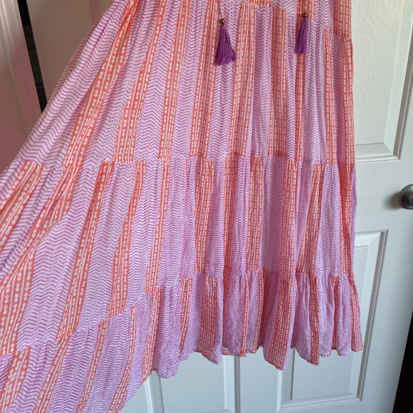 Oliphant coral pink and white block print tiered cotton tassle tie maxi dress S - Picture 4 of 13